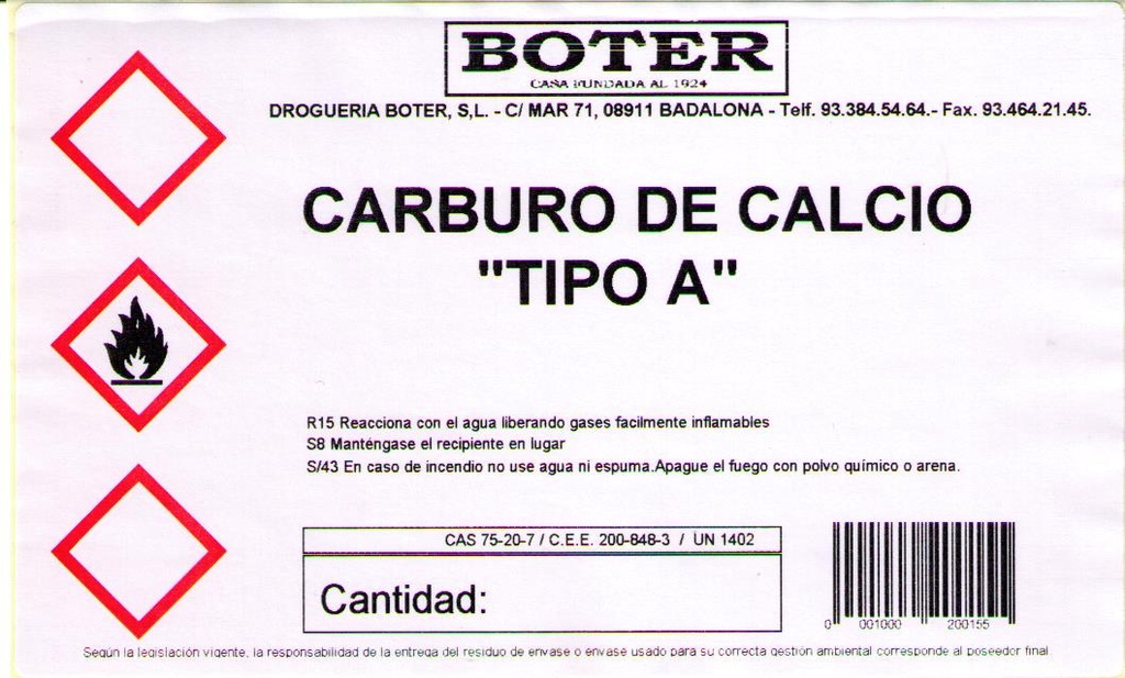 CARBURO DE CALCIO TIPO &quot;A&quot; BOTER